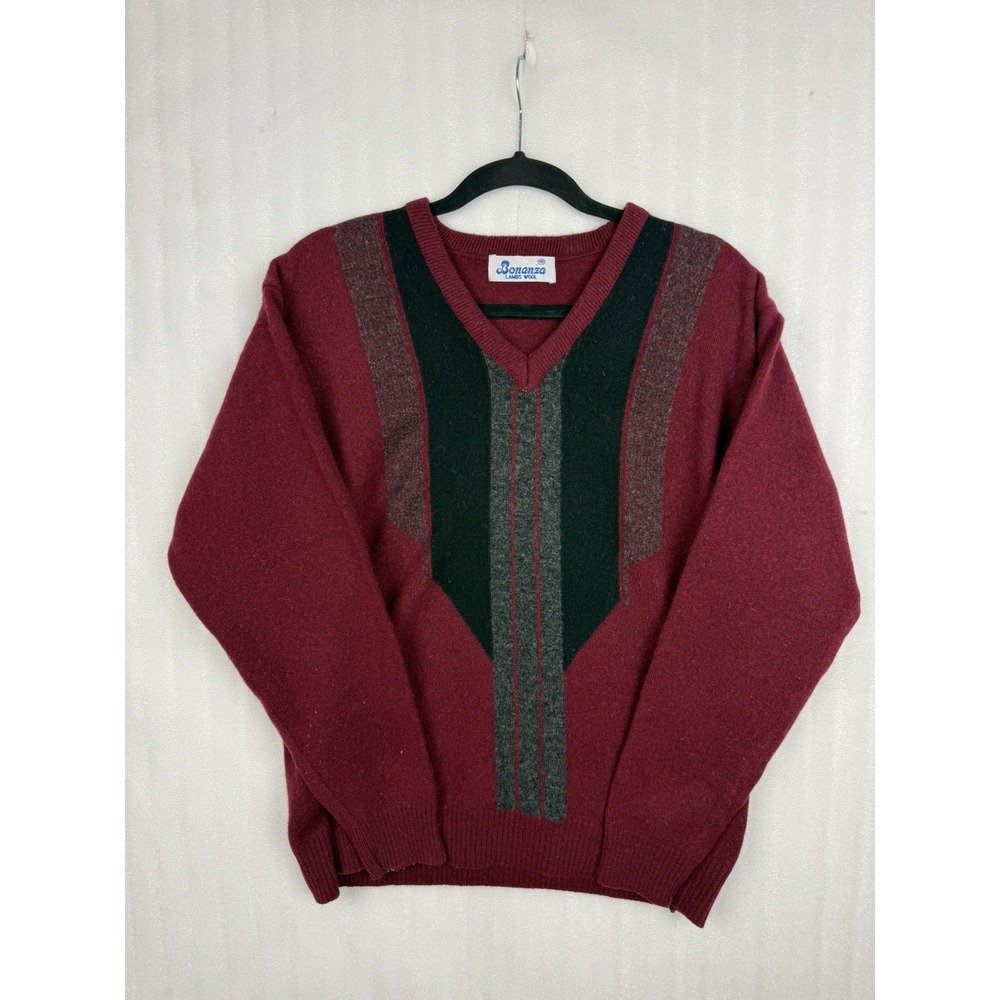 VTG Bonanza Lambs Wool Sweater Mens V-Neck Geometric Chevron Maroon Sz. 40 (M)